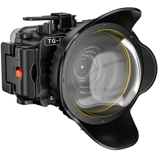 Seafrogs 60 m/195 ft Unterwasserkameragehäuse für Olympus TG-6 – Wasserdichtes Gehäuse mit 52 mm und 67 mm Gewinde, zwei Glasfaseranschlüssen, Leckerkennung, Montageplatte aus Edelstahl (TG-6-Schwarz)