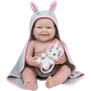 JC TOYS La Newborn Puppe für Neugeborene, 38 cm, aus weichem Vinyl, mit Handtuch mit Kapuze und Haustier, Hase, Mädchen, grau und rosa, entworfen in Spanien von Berenguer, ab 2 Jahren