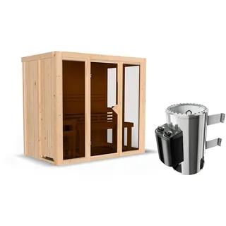 Karibu Sauna Irava 3 - 68 mm Systemsauna - 230 Volt Plug & Play Bronzierte Ganzglastür Ohne Dachkranz 3,6 kW Ofen mit integrierter Steuerung
