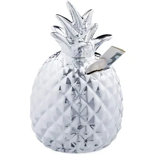 Relaxdays Spardose Ananas, Dekofigur, Sparschwein mit Schloss, 2 Schlüssel, Keramik Sparbüchse, H x D 16 x 9 cm, Silber,