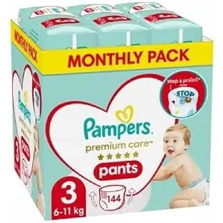 Pampers Pants Windelhose Größe 3 (6-11kg), Premium Care, 144 Stück, Windeln mit Stop- & Protect Anti Auslaufen hinten