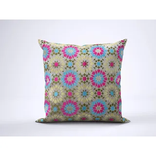 Marokkanischer Luxus-Kissenbezug, Jacquard, gemustert, strukturiert, Chenille, geometrisches Mosaik-Fliesenmuster, 45,7 x 45,7 cm, Türkis / Grün / Pink