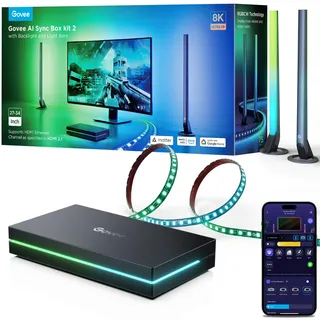 Govee HDMI 2.1 Sync Box Kit 2, mit Lightbar und LED Strip, unterstützt 8K@60Hz, 4K@144Hz, VRR und ALLM, Dreamview, funktioniert mit Matter und Alexa, Monitor Hintergrundbeleuchtung für 27-34 Zoll