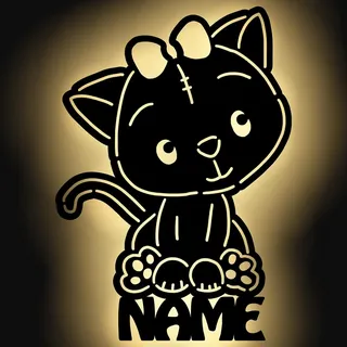 Namofactur Personalisierte Katze Wandlampe Holz, Nachtlicht, Schlummerlicht, Wand-Deko für Baby & Kinder, Katzen Kinderzimmer-Lampe