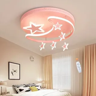 FUMIMID Kinderlampe LED Deckenleuchte Dimmbar Mit Fernbedienung Sterne Mond Hangend Deckenlampe Moderne Mädchen Jungen Schlafzimmerlampe Babyzimmer Kinderzimmer Wohnzimmer Kronleuchter,Rosa,42cm