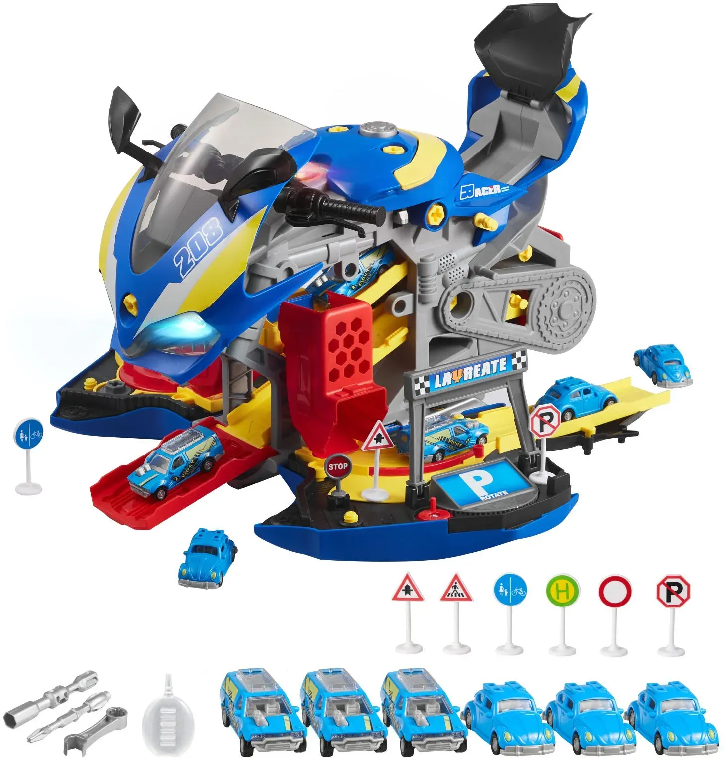 VEVOR Motorradmotor-Spielzeug, 25-teilig, Motorradmechaniker-Spielzeug mit abnehmbaren Teilen, Lichtern & Geräuschen, simuliertes Fahren & Rennstreckenrennen, für Kinder ab 3 Jahren, Blau