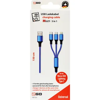 2Go in 1 USB Ladekabel - blau - 150cm f. Micro-USB