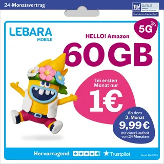 LEBARA Handytarif Hello! Amazon | 60 GB Datenvolumen | 9,99€ mtl. | 5G mit bis zu 50 Mbit/s | Allnet-Flat Telefonie & SMS Deutschland inkl. EU-Roaming | 200 Auslandsminuten
