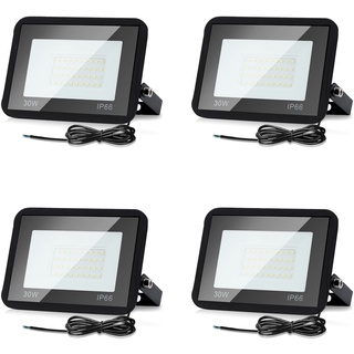 Lospitch 4X 30W LED Strahler Außen, LED Fluter Superhell 2550LM, IP66 Wasserdicht Außenstrahler, 3000K Natürliches Weiß Scheinwerfer, LED Flutlicht für Garten Sportplatz Garage(Ohne Stecker)