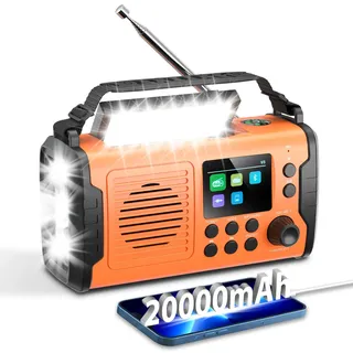 20000mAh Kurbelradio mit Bluetooth, DAB/FM Solar Radio, Als Taschenlampe & Leselicht, USB Handy-Lader, SOS Alarm, TF Karte, AUX IN, TFT Bildschirm, Tragbar Notfallradio für Camping Outdoor (Orange)