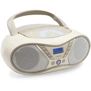 MOOOV 477403 Tragbarer CD-Player mit Radio, USB, Lautsprecher - Mini Kofferradio für Kinder & Senioren, Retro Design, MP3 - Ideal für Küche & Kinderzimmer - Netzbetrieb oder Batterien - Grau