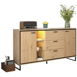 Rutaqian Sideboard Holzfarbe-Sideboard, Sideboard mit drei Schubladen, mit zwei Türen (Mit 15 farbwechselnden LED-Lichtstreifen, Multifunktionaler Lagerschrank für Schlafzimmer und Wohnzimmer), Schubladenkommode für Flur Schlafzimmer Wohnzimmer , 160x40x85cm beige