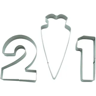 BekkiB 880283-3er-Set Ausstecher "Schulanfang" - Keksausstecher Schultüte, Zahl 1 und Zahl 2 - Konturausstecher aus Edelstahl