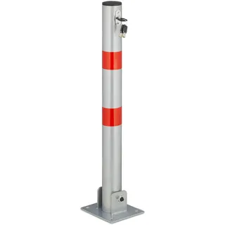 Relaxdays Absperrpfosten, klappbar, Stahl, Sperrpfosten Parkplatz, HxBxT: 65 x 15 x 13 cm, Signalstreifen, Silber/rot