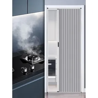 Schiebetür Falttür innentüren Falttür Ohne Bohren Aluminiumrahmen Und Vliesplatte, Ziehharmonika Türen In Sondergröße Mit Beidseitigem Griff Und Schloss Für Küchen Und Schlafzimmertüren(Grey,96x203cm)