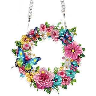 DCIDBEI DIY Diamond Painting Anhänger mit Kette Blumen 15x15cm 5D Diamond Painting Schilder 5D Diamant Painting Kranz Set Engel Anhang Wandbehang Kits für Fenster Wand Eingang Decor Blumen Türkranz