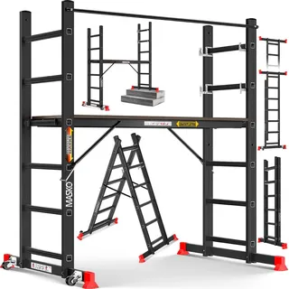 Masko Masko® Baugerüst Alugerüst Gerüst Alu Leiter Arbeitsgerüst Arbeitsbühne bis 150 KG belastbar Anti-Rutsch beschichtet Gerüstleiter GS geprüft (EN 131)