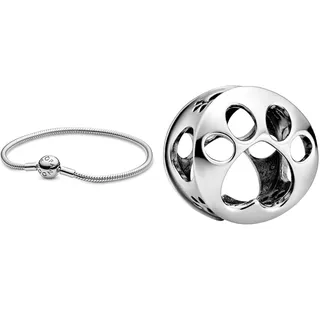 Pandora Damen-Armband mit Kugelverschluss, glatt 925 Silber 18 cm-590728-18 & Offen gearbeiteter Hundepfotenabdruck Charm Sterling-Silber 9 x 11,5 x 11,5 mm (T/H/B)
