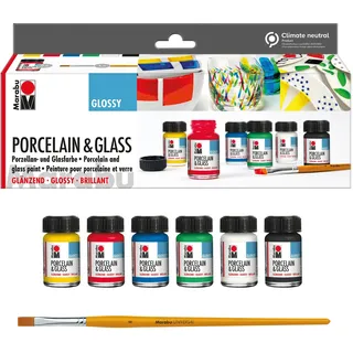 Marabu 1115000000087 - Porcelain & Glass Starter Set Glänzend, Porzellan- und Glasfarbe auf Wasserbasis, spülmaschinenfest ohne Einbrennen, 6 x 15 ml Farbe und Pinsel