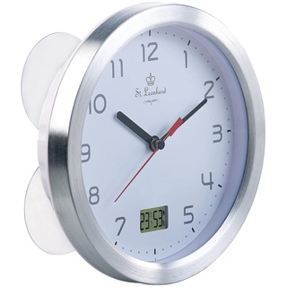 St. Leonhard Funkwanduhr: Badezimmer-Funk-Wanduhr mit Thermo- und Hygrometer, Alu-Rahmen, Weiß (Funkuhr Bad, Outdoor Uhr, Digital analog)