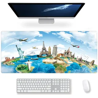 Erweitertes großes Gaming-Mauspad rund um die Welt, Denkmal, XXL-Größe, Tastatur-Mauspad, Schreibtischunterlage mit rutschfester Gummiunterseite, genähte Kanten, Herren, 89.9x39.9 cm