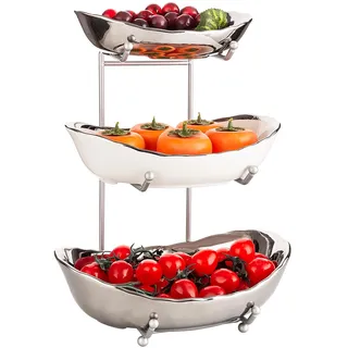 XUDREZ Obst Etagere mit 3 Etagen Obstschalen aus Keramik, Platzsparendes Obstkorb Etagere für die Familie - Moderne Obstschale, Geeignet für Gemüse, Obst, Snacks, Süßigkeiten (Silver)