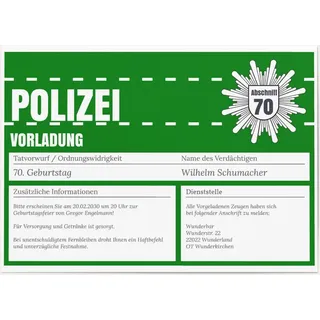 Einladungen zum 70. Geburtstag Grün online gestalten und bestellen - Polizeiliche Vorladung in Grün | Wunderkarten.de