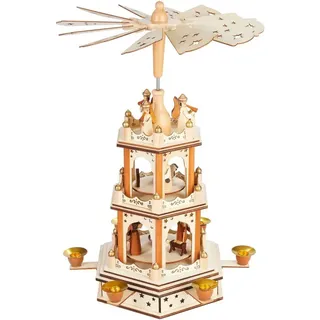 Brubaker Weihnachtspyramide - 3-stöckige drehbare Holzpyramide - Weihnachtsdekoration mit 3 Etagen und Sternen Flügel aus Holz - 45 cm Höhe - handbemalte Figuren Weihnachten - Natur Braun