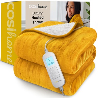 Cosi Home Heizdecke 180x130 cm - Elektrische Wärmedecke mit Abschaltautomatik, Überhitzungsschutz, Waschbar, Kuscheliges Sherpa & Fleece, 10 Heizstufen mit digitaler Fernbedienung - Senfgelb