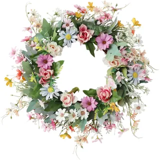 Skeadex Türkranz Frühling,40cm Frühlingskranz Haustür mit Blumen,Osterkranz Haustür Frühlingsdeko Zum Aufhängen,Frühlingskranz Türkranz für Haustür Außen,Blumenkranz für Wand Tür Fenster (B)
