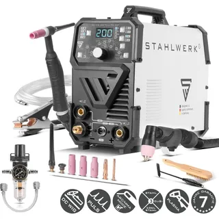 STAHLWERK Schweißgerät 4 in 1 Kombi DC WIG 200 Puls Pro CUT - kompakt & leistungsstark, 200 A, IGBT-Inverter, MMA, Puls-Funktion, 40 A Plasmaschn...