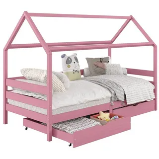 Idimex Hausbett CLIA Montessori aus massiver Kiefer, Kinderbett mit Dach, Tipi Bett mit 2 Schubladen in rosa