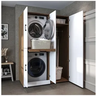 roomart Waschmaschinenschrank Dora Set für Trockner & Waschmaschine, 130 cm breit, in 4 Farben, mit Türen & Ausziehbrett (186 cm Hoch- ohne Aufsatzschrank, Weiß Eiche)