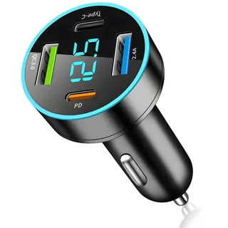 4-Port USB Zigarettenanzünder Adapter 66W mit PD 30W & QC Schnellladung, Adapter Zigarettenanzünder Steckdose mit LED Spannungsanzeige für Autofahrer im PKW, LKW und auf Reisen