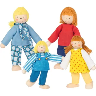 goki 51955 - Biegepuppen junge Familie, nachhaltige Holzfiguren, Holzpuppen für Kinder, beweglich robustes Holzspielzeug, kreatives Kinderspielzeug, naturbelassen - 4er Set, ab 3 Jahre