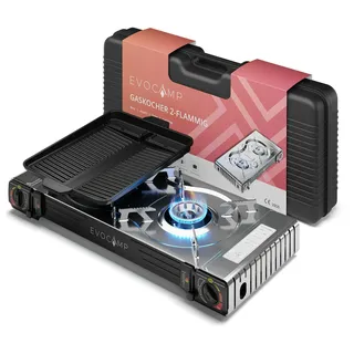 evocamp Gaskocher 2-flammig mit Piezozündung - für Gaskartuschen MSF-1a 227g, mit Grillaufsatz 38 cm ohne Gaskartuschen)