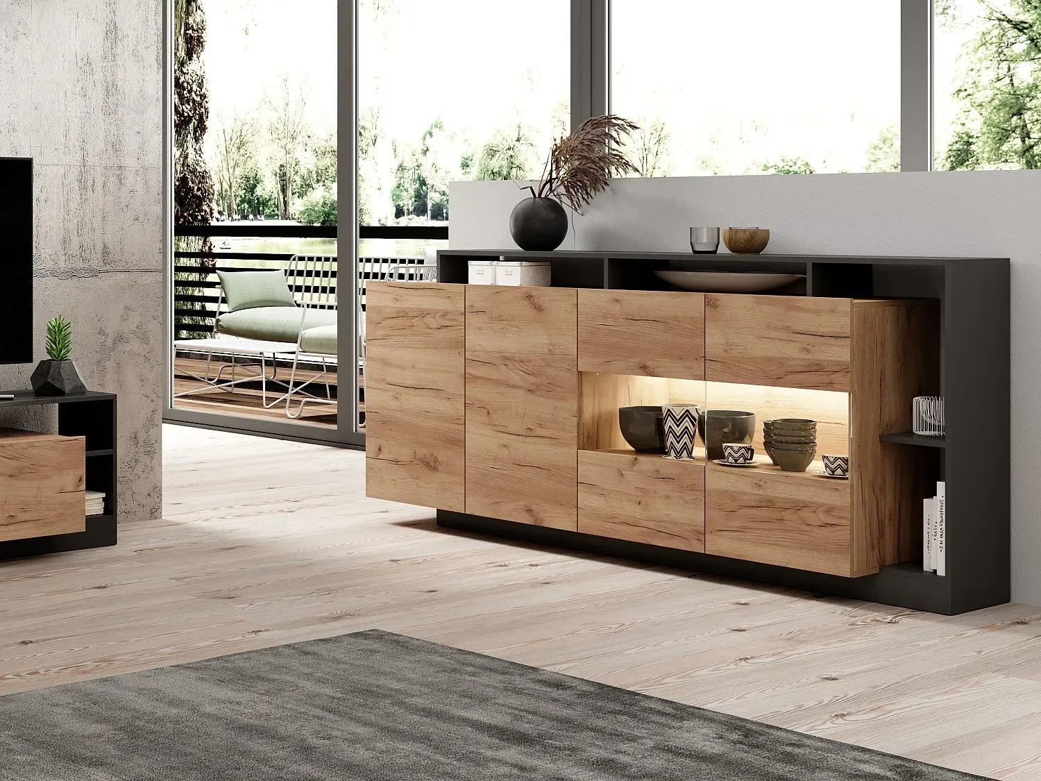 Sideboard mit 4 Türen & 4 Ablagefächern - Mit LED-Beleuchtung - Holzfarben hell & Anthrazit - IDESIA