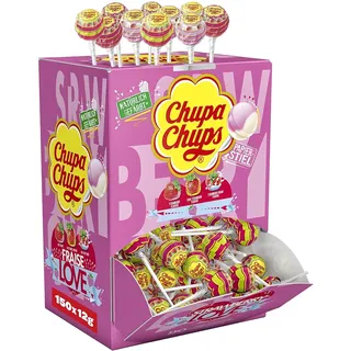 Chupa Chups Lollis Strawberry Lover, Thekendisplay mit 150 fruchtigen und cremigen Erdbeer-Lollis, geeignet für Kiosk, Candy-Bar, Geburtstag, 150 x 12g