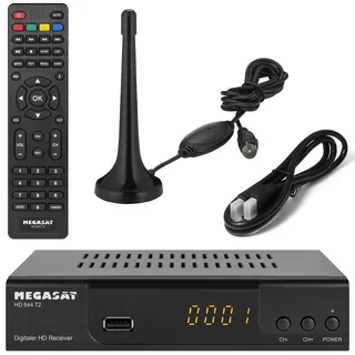 Megasat T644 DVB-T2 Receiver + aktive Zimmerantenne + HDMI Kabel, HDTV für frei Empfangbare DVB-T2 Sender, schwarz