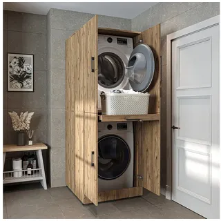 roomart Waschmaschinenschrank Dora für Trockner & Waschmaschine, in 4 Farben, mit Türen & Ausziehbrett (Eiche)