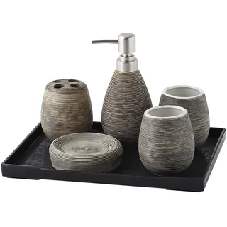 Tauzveok Bad-Accessoires Set Keramik Badezimmer 6-Teilig Mit Seifenspender Zahnbürstenhalterung Seifenschale Becher Und Ablagefach Luxuriöses Badezimmer-Set,Schwarz