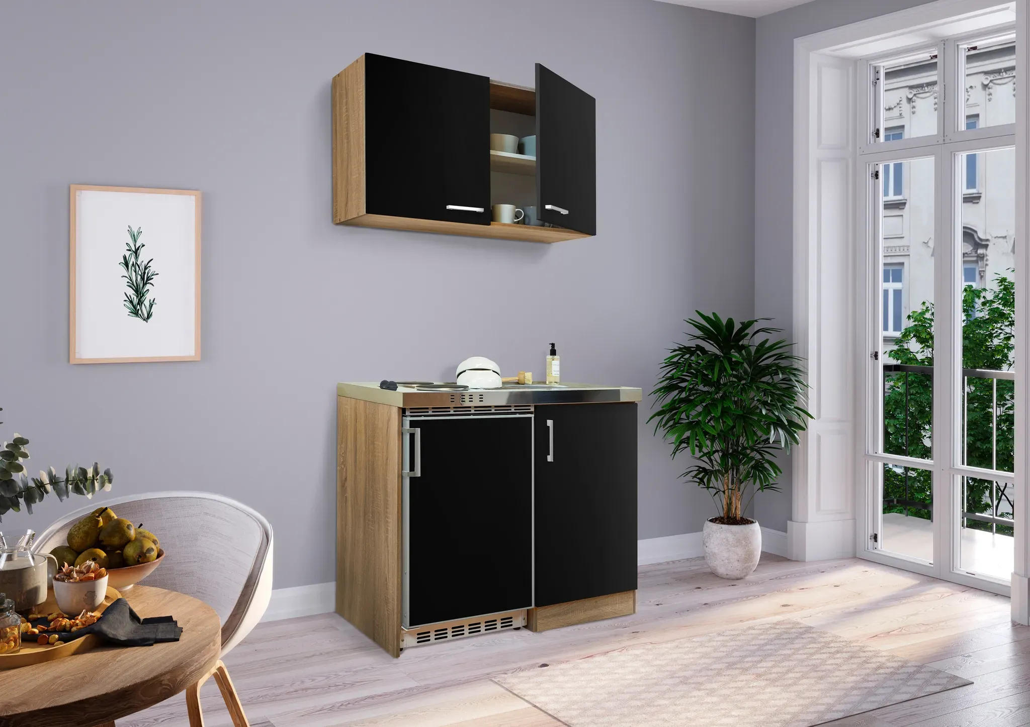 Küche Miniküche Singleküche Pantry Eiche Schwarz Levin 100 cm Respekta