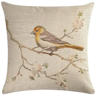 Nunubee Leinen Kissenbezug Kissenhülle Dekorative Dekokissen mit Verstecktem Reißverschluss Sofa Schlafzimmer Auto (Blumen und Vögel- 45 x 45 cm)