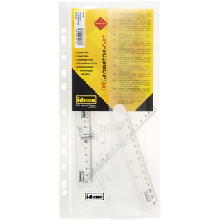IDENA Geometrie-Set 6-teilig mit 2 Linealen, Zeichendreieck, Parabel, Geo-Dreieck und abheftbarer Aufbewahrungsmappe, transparent, aus Kunststoff
