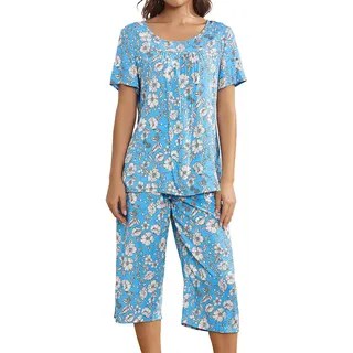 Muwodkdn Schlafanzug Damen Sommer Kurzarm T Shirt und Lang Schlafanzughosen Rundhalsausschnitt Nachtwäsche Set Blau L - L