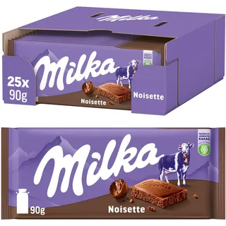 MILKA Noisette – Schweizer Milchschokolade mit Alpenmilch, gefüllt mit Haselnusscreme, 25x90g