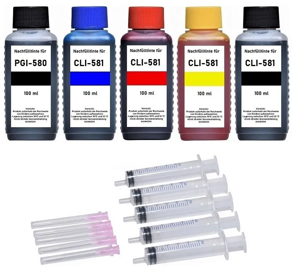 Nachfüllset für Canon PGI-580 + CLI-581 Druckerpatronen - 5 x 100 ml Druckertinte + Zubehör