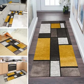 Teppich Läufer Flur rutschfest 120x150cm Küchenteppich Patchwork Braun Gelb Grau Waschbar Meterware Schlafzimmer Korridor Teppichläufer Lang, Länge Anpassbare, 60/ 70/ 80/ 90/ 100/ 110/ 120cm Breit