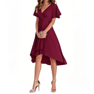 sliemxm Abendkleider V Ausschnitt Rüschenärmel Knielanges Abendkleid Hohe Taille A-Linie Brautjungfernkleid High Low Festliche Kleider Elegant für Hochzeit Party Kleider - L