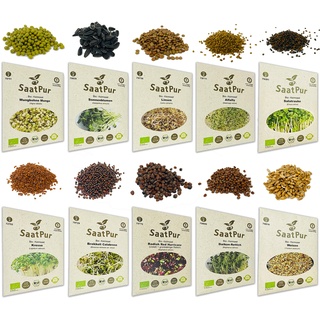 SaatPur® Saatgut Bio Keimsprossen Set 10er Set div. Sorten, hohe Keimkraft, Micro-Greens für vitaminreiche, vegane Ernährung, Keimsaat Sprossen Samen mikrobiologisch untersucht, Graspapier-Verpackung